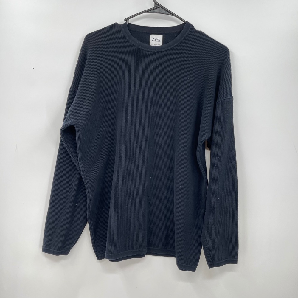 Zara Ribbed Knit Sweater Relaxed Fit Long Sleeve Casual Black Size M